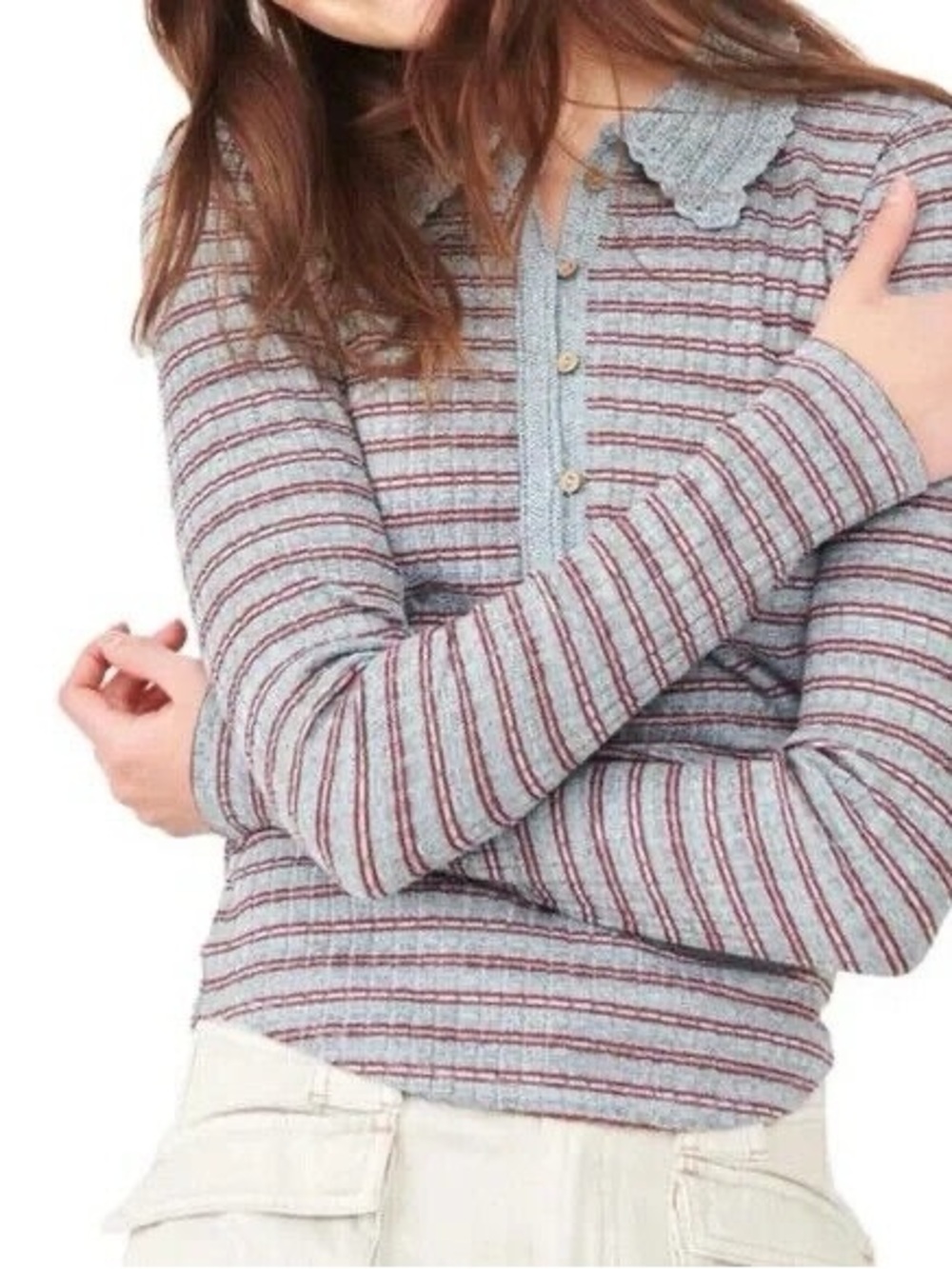 Free People Striped Crochet Collar Crew Sweater in Light Gray and Burgundy